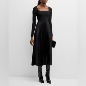 Stunning Women's Black Elie Tahari Fara Pleated Square Neck Midi Dress Large NWT